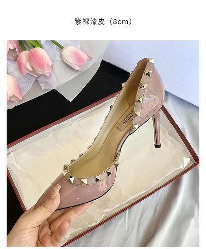 Luxury Brand Women's Shoes Woman Sandals Summer Rivets High Heels Side Empty Female Leather Fashion Prom Ladies Shoes Women 2026