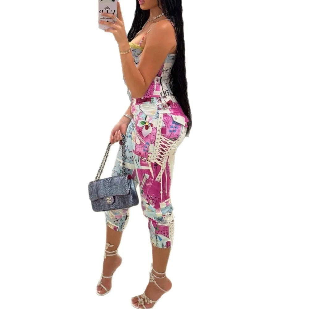 HLJ&GG Sexy Hot Graffiti Bandage Skinny Pants Two Piece Sets Women Spaghetti Strap Lace Splice Crop Top And Pants Streetwear
