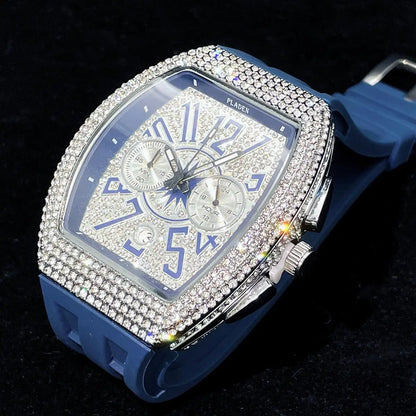 PLADEN Fashion Iced Out Watches Men Casual Blue Silicone Strap Quartz Wristwatch Man's Luxury Diamond Bling Tonneau Clocks 2026
