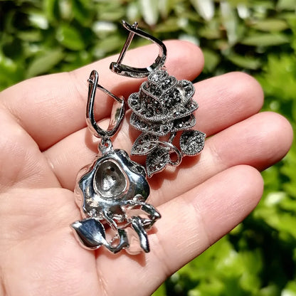 Ajojewel Black Rhinestone Rose Flower Necklace Ring And Earring Set For Women Vintage Jewelry Nice Gifts For Girlfriend