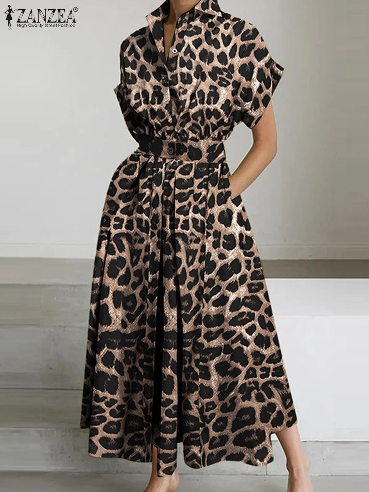 2025 Summer Leopard Print Dresses ZANZEA Women Maxi Long Dress Lapel Neck Short Sleeve Work Vestidos Robe Officewear Sundress
