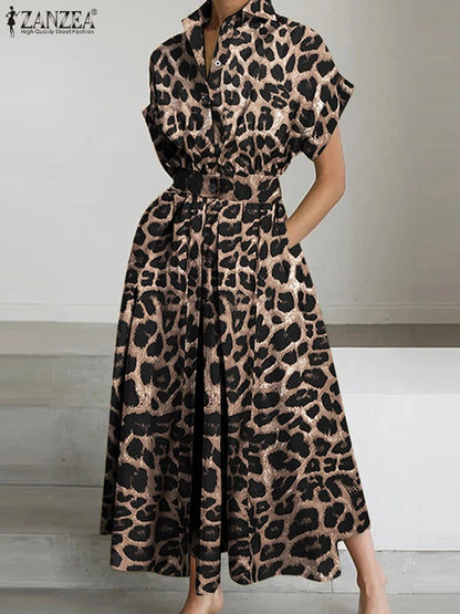 2025 Summer Leopard Print Dresses ZANZEA Women Maxi Long Dress Lapel Neck Short Sleeve Work Vestidos Robe Officewear Sundress