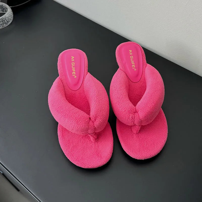 New Footwear Flock Women Wedges Slippers Flip Flops Shoes Fashion Round Toe Ladies Wedges Slippers Shoes Female Sandals Slides