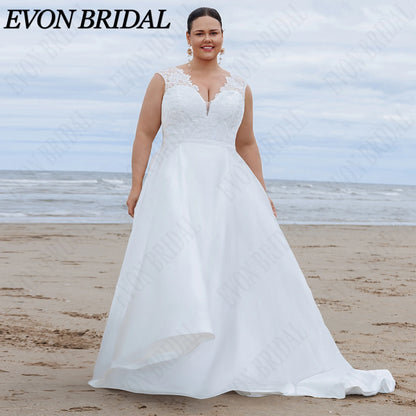 EVON BRIDAL Plus Size Spaghetti Strap Wedding Dress Lace Appliques Satin Bride Dresses Classic A-LINE Bridal Gown Custom Made