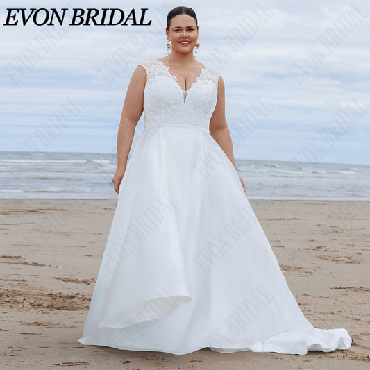 EVON BRIDAL Plus Size Spaghetti Strap Wedding Dress Lace Appliques Satin Bride Dresses Classic A-LINE Bridal Gown Custom Made