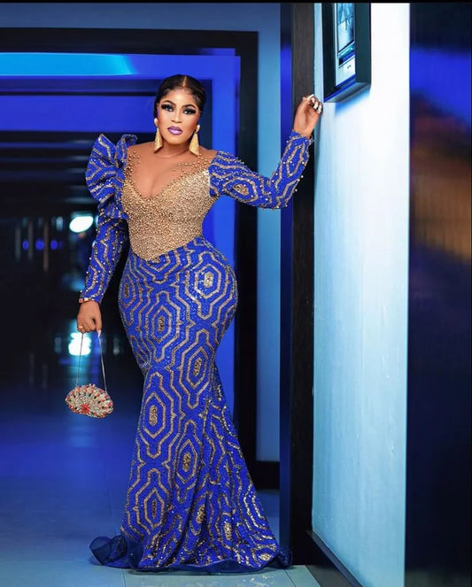 African Plus Size Evening Dress For Women Blue Gold Sequined Mermaid Prom Gown Elegant Long Sleeve Formal Party Dress Customized