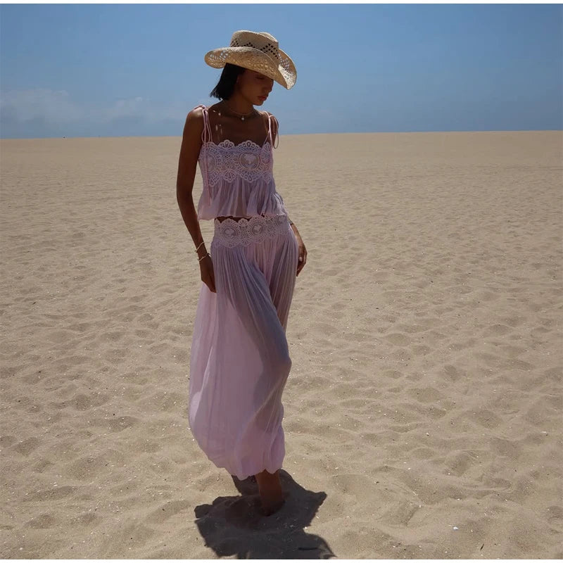 Beach Lace Hollow Out Women's Summer Pants Sets Lace Up Backless Spaghetti Strap Crop Top Loose Pleated Lantern Pant 2026 Suit