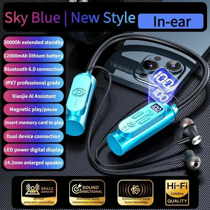 Earphones 12000mAh In-ear/Semi-in-ear Bluetooth Headset Magnetic Switch Pause Play Neck Hanging Dual Device Connection Earbuds