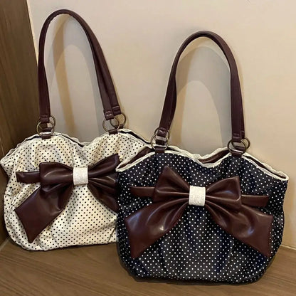 Trendy Vintage Women's Bow Handbag Y2k Casual Chic Lady Shoulder Bags All Match Aesthetic Dot Ins Underarm Bag Streetwear