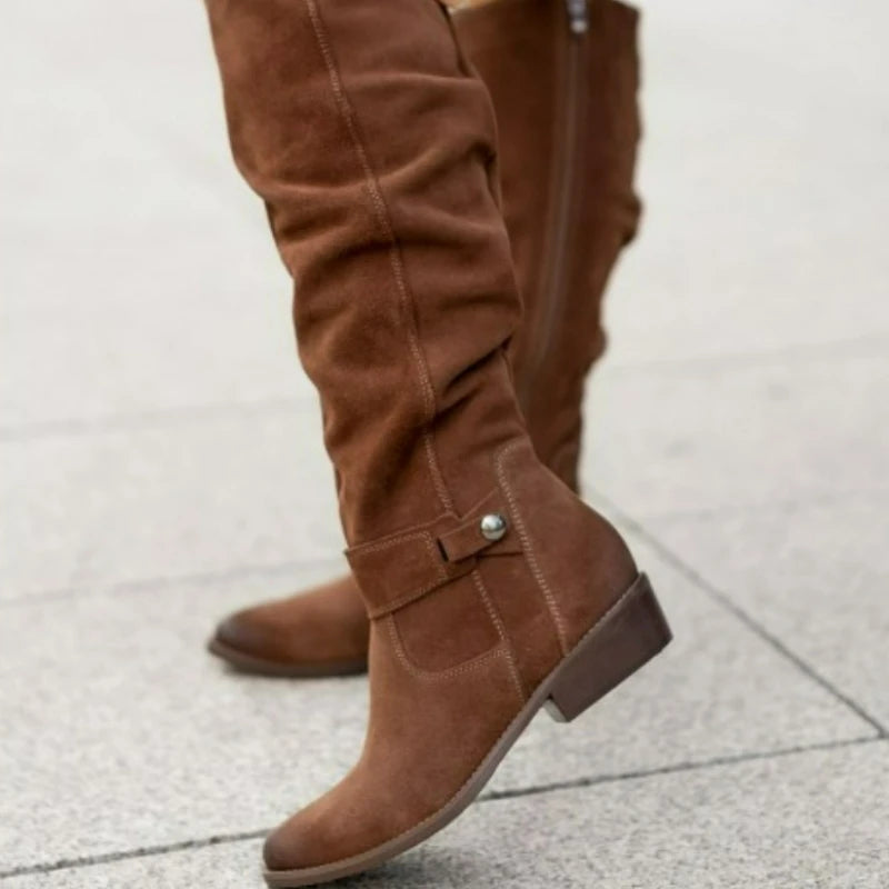 Women's Boots Suede Mid-Calf Boots Low Heel Side Zip Women Casual Shoes Autumn Winter Knee High Boot Retro Plus Size Long Boots