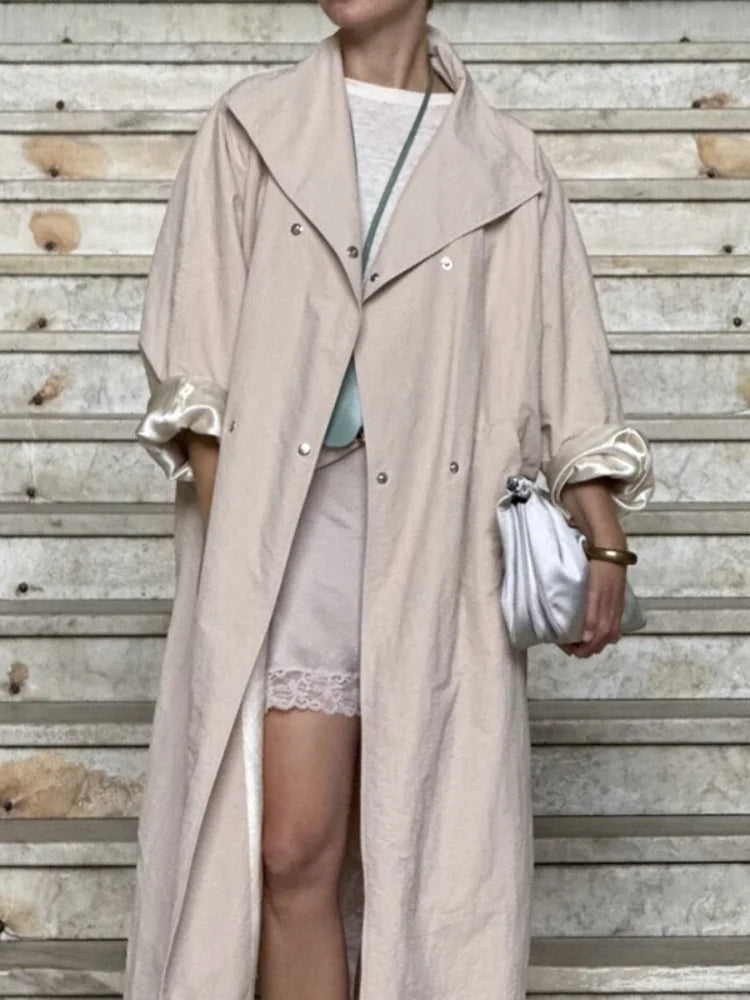 Convertible Collar Oversized Maxi Trench Coat Women Snap Buttons Dolman Sleeve Patch Pockets Outerwear New Ladies Trench Jacket