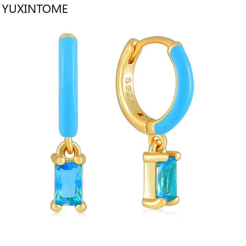 925 Sterling Silver Needle Light Blue Zircon Stud Earrings for Women Fashion Blue Enamel Pendant Earrings Luxury Jewelry Gifts