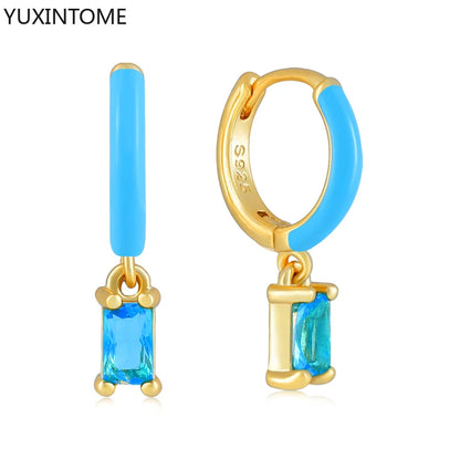925 Sterling Silver Needle Light Blue Zircon Stud Earrings for Women Fashion Blue Enamel Pendant Earrings Luxury Jewelry Gifts