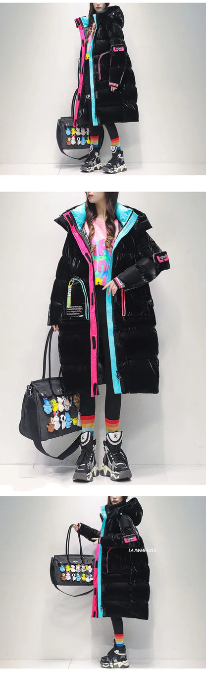 2025 Winter Glossy Waterproof X-long 90% White Duck Down Coat Women Thick Loose Outerwear Warm Down Jacket Hooded Parkas Coats