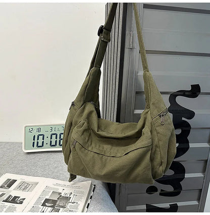 100% Cotton Shoulder Bags Women Large Capacity Canvas Tooling Packages Korea Style Cloth Crossbody Bags Solid Messenger Bags