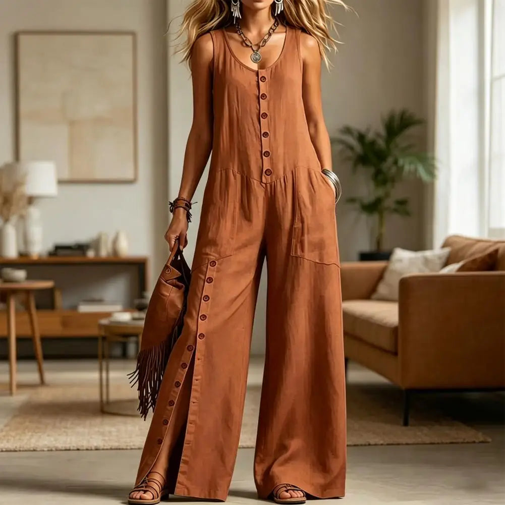 2026 Sexy V Neck Fashion 2026 Spring Pocket Wide Leg Jumpsuit Button Down Sleeveless Wide Leg Rompers Summer Loose Wear Overall