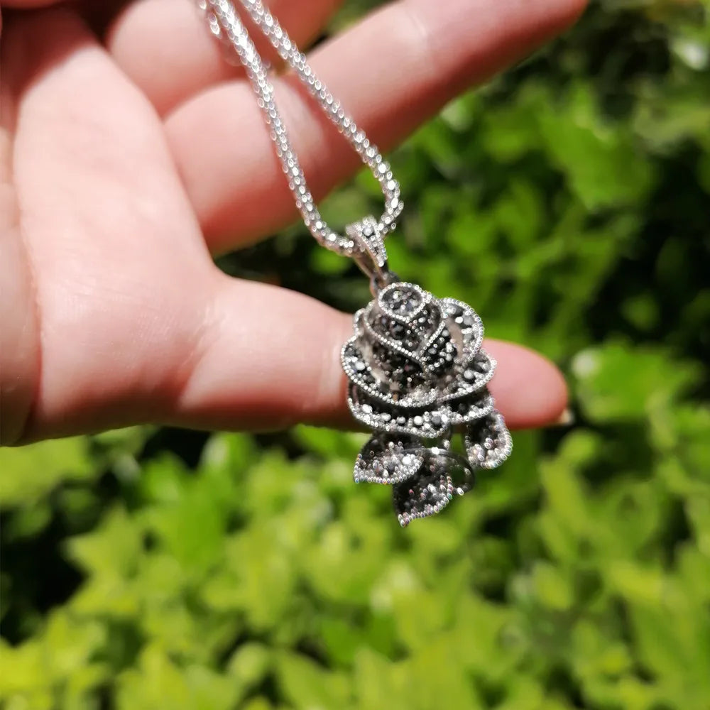 Ajojewel Black Rhinestone Rose Flower Necklace Ring And Earring Set For Women Vintage Jewelry Nice Gifts For Girlfriend