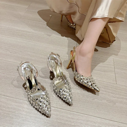 Aneikeh Fashion Stiletto Pumps Summer Silvery Rhinestone Hollow Strap High-heeled Sandals Women Wedding Banquet Shoes