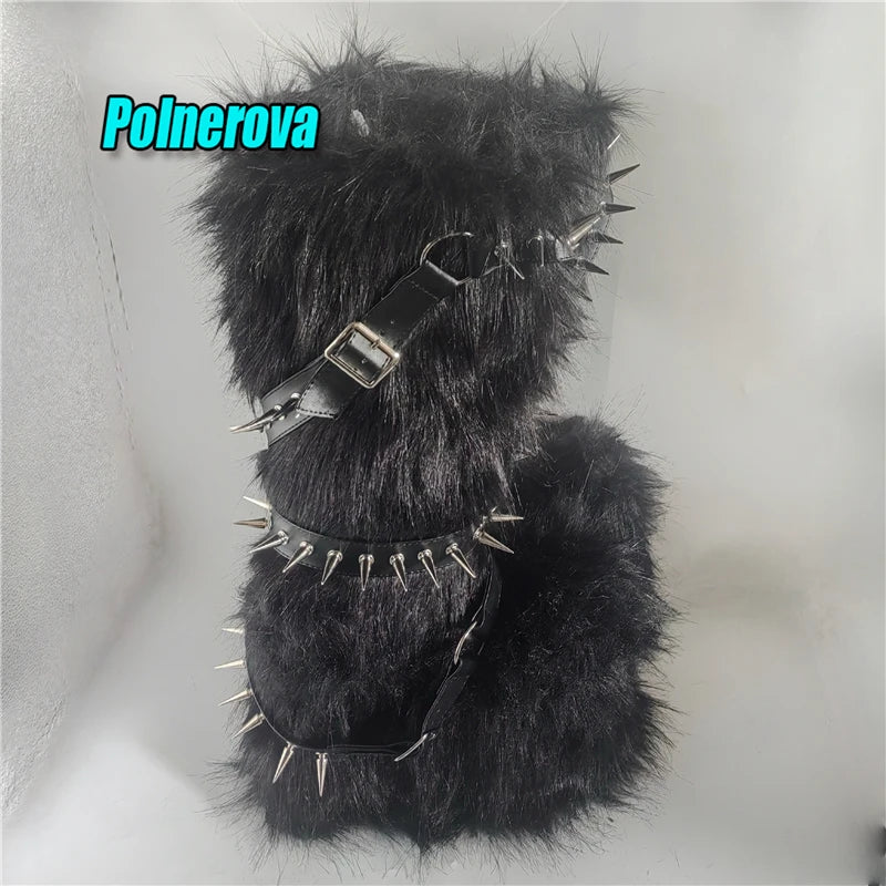 Black Fur Platform Knee High Boots for Women Punk Rivet Belt Buckle Strap Snow Boots Winter Warm Fashion Y2K Girl Shoes Big Size