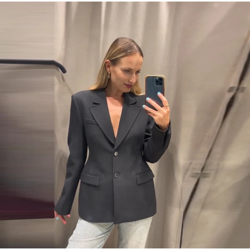 Elegant Shoulder Pad Slim Suit Jackets Women Solid Lapel Long Sleeved Jacket Female 2025 Spring Chic Daily Style Outwears Tops