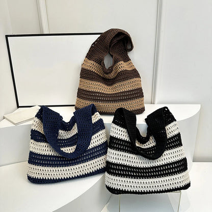 Wool Plush Woven Women Shoulder Bags Ladies Stripe Designer Knitted Braid Handbags Tote Summer Beach Shopper Purses