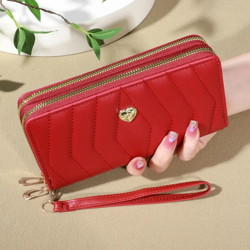 Chic Faux Leather Wallet - Double Zipper Security - Coin Purse & Card Slots - Fashionable Wristband Clutch for Everyday