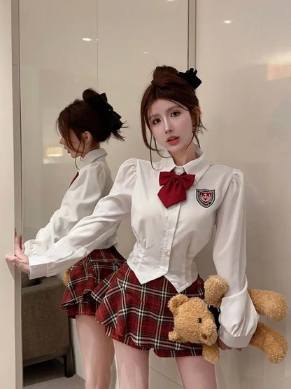2025 improved cute sexy korea jk suit women autumn jk school uniform women shirt plaid pleated half skirt fashion two-piece set