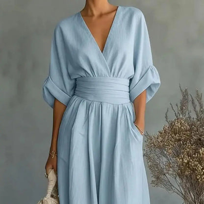 Women's One Piece Jumpsuits Casual V-Neck Short Sleeve Wide Leg Rompers Summer High Waist Beach Vacation Outfits with Pockets