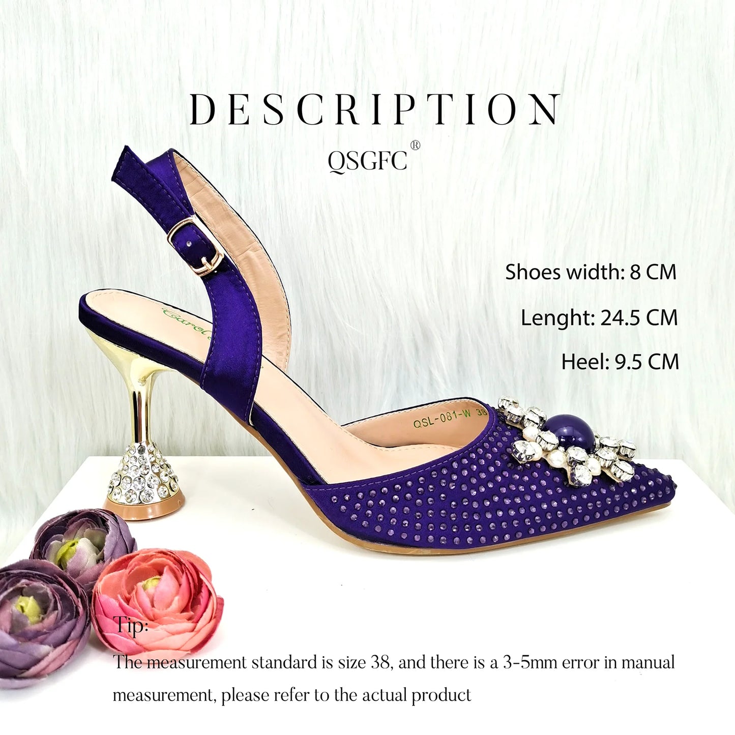 QSGFC 2023 New Fashion Purple Sandals Sequins Rhinestone Point Toe High Heels Slingback Women's Dress Women's Shoes & Bag Set