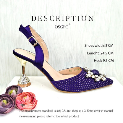 QSGFC 2023 New Fashion Purple Sandals Sequins Rhinestone Point Toe High Heels Slingback Women's Dress Women's Shoes & Bag Set