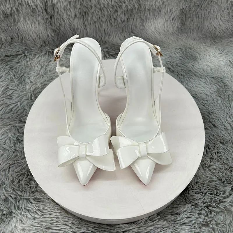New white bow high-heeled shoes with women's patent leather pointed and slender heels, sexy and elegant, perfect for commuting