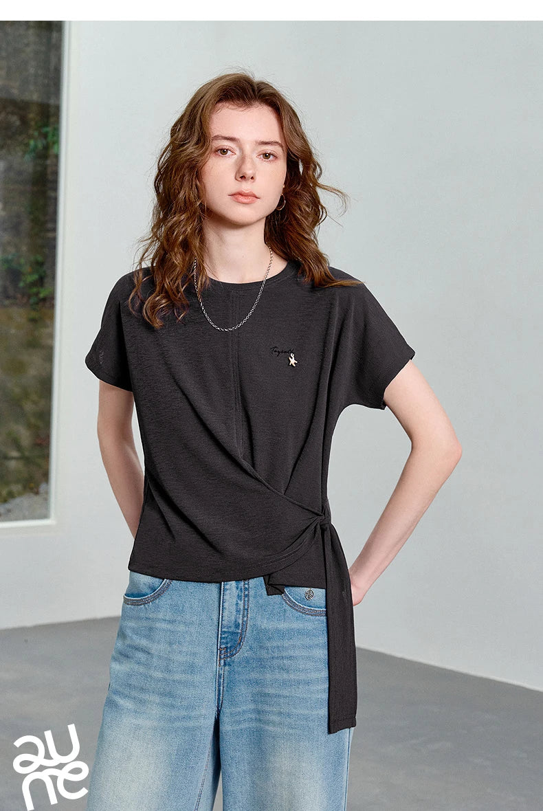 TOYOUTH Women's Asymmetric Wrap Tie T-Shirt 2026 Summer New Long Sleeve Starfish Print Loose Pullover Top