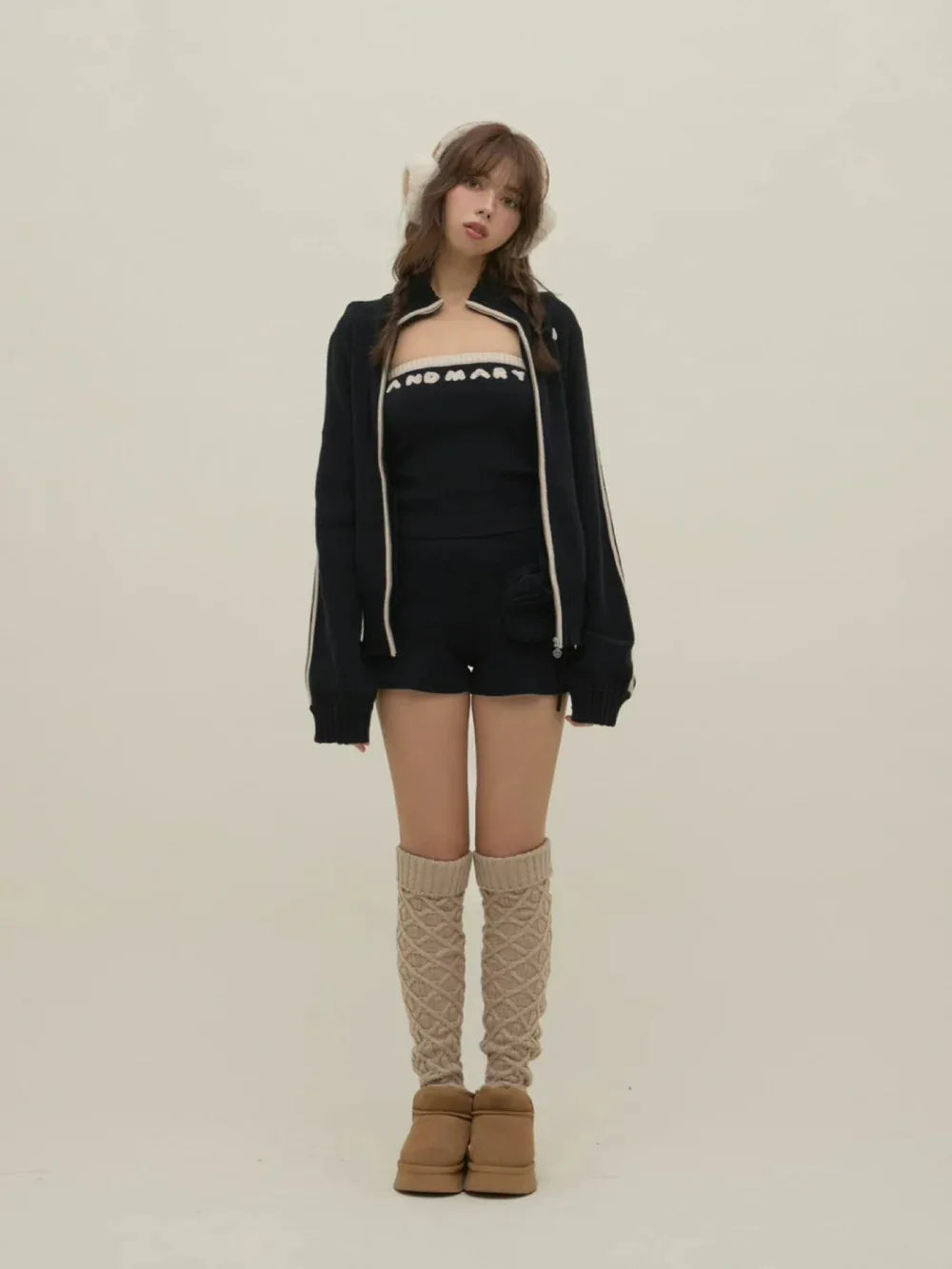 Japanese Spring Autumn 3-piece Set Sweet Striped Zipper Cardigan Tube Top High Waist Shorts Set Y2K Street Style Casual Wear