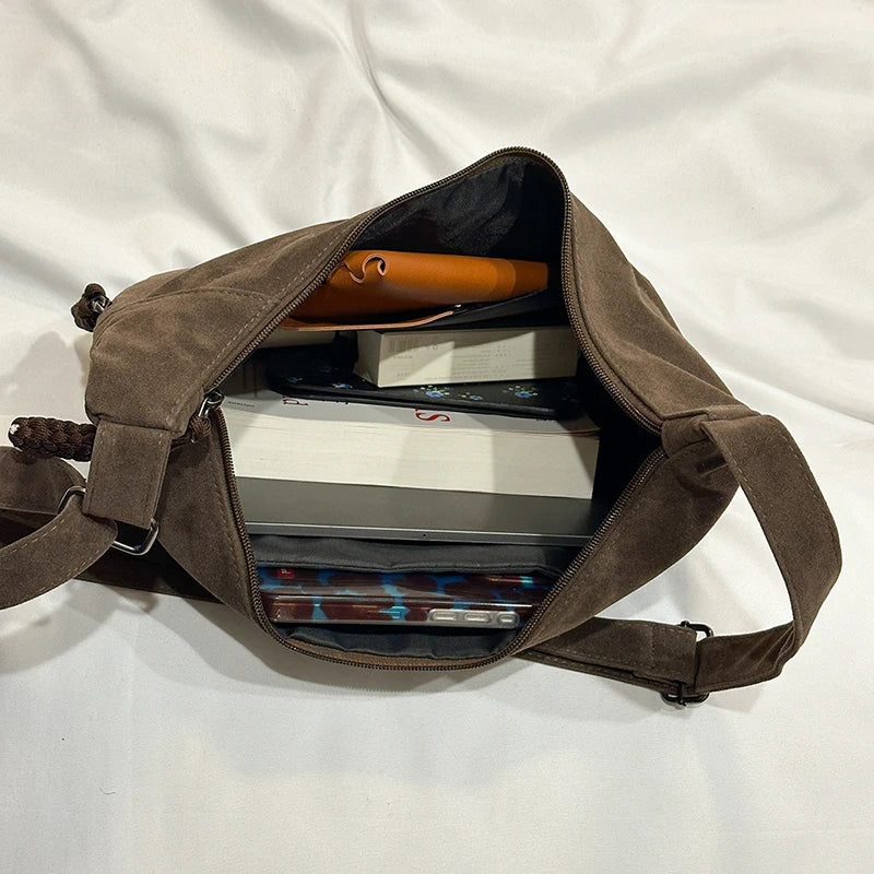 Retro Crossbody Messenger Bags For Women Faux Suede Pure Color Big Capacity Shoulder Hobo Bag 2025 Winter Latest Ladies Handbags