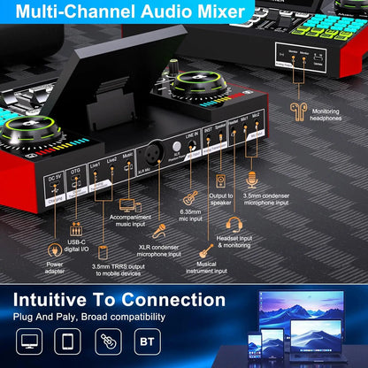 Tenlamp Plug And Play Podcast Equipment Bundle with Professional Chipset, G10 Live Streaming Audio Interface for Laptop PC, Voice Changer Denoise Reverb Sound Board Kit for Gaming Singing Vlog Living Broadcast Recording