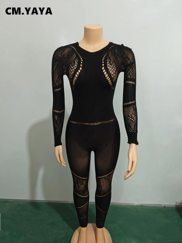 CM.YAYA Long Sleeve Sexy Mesh Lace Hollow Out Women’s Jumpsuits 2024 Fall O-Neck Night Club Party Pajamas  One Piece Outfits