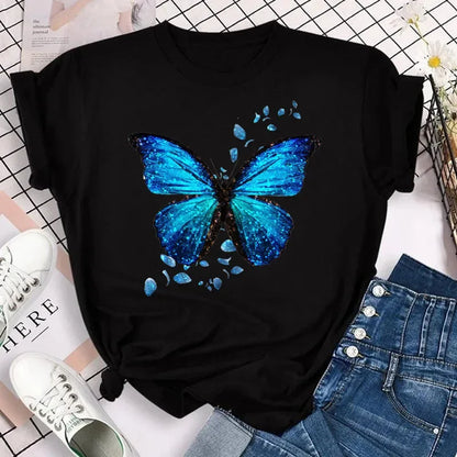 New Fashion Women T-shirt Colorful Butterfly Petal Print Short Sleeve and Round Neck Cute Graphic Tee Shirts Female Tops Clothin