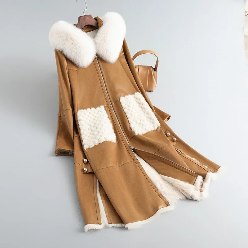 PUDI Women's Real Rabbit Fur Coat with Fox Fur Collar Outwear Female Mid Length Hooded Jacket With Mink Fur Pocket CT445