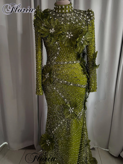 Dubai Muslim Green Evening Dresses Plus Size High Neck Long Sleeves Prom Dresses Formal Occasion Gown Robes De Soirée Customized