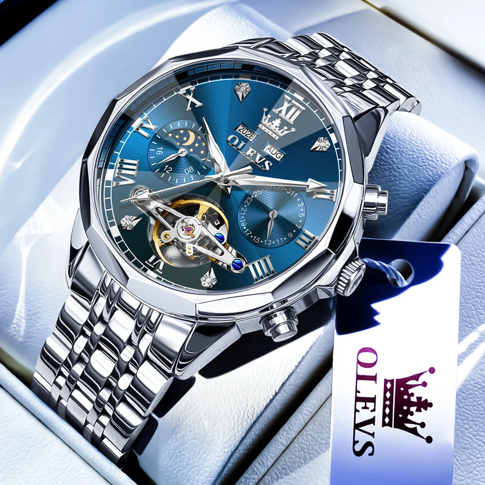 OLEVS Automatic Mechanical Watch for Men Tourbillon Moon Phase Diamond Dial Stainless Steel Strap Waterproof Men Wristwatch