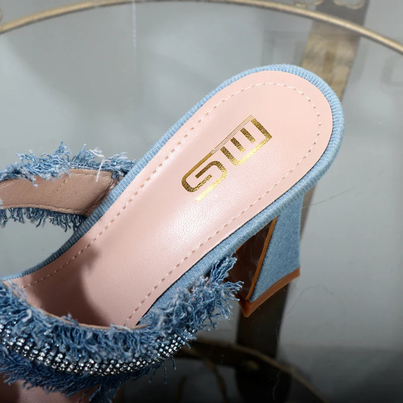 Denim women slippers 2025 new rhinestone plush stiletto heels women outdoor fashion women's slippers Luxury elegant women shoes