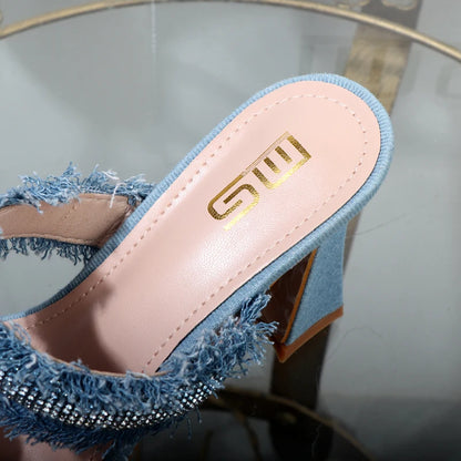 Denim women slippers 2025 new rhinestone plush stiletto heels women outdoor fashion women's slippers Luxury elegant women shoes