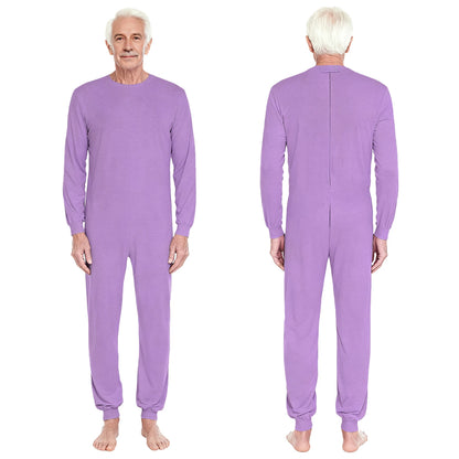 Adult Unisex Elderly Anti-Strip Adaptive Jumpsuit Solid Color Crew Neck Long Sleeve Back Zipper Rompers Special Needs Clothing