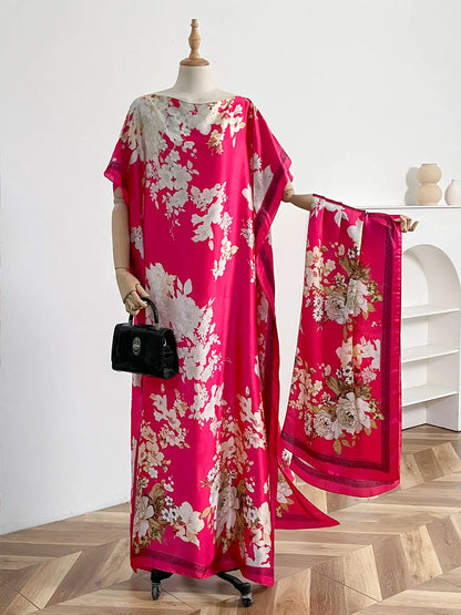 Vintage Peony Floral Print Satin Abaya Scarf Set, Loose Batwing Maxi Kaftan For Muslim Women Summer Holiday Daily Wear