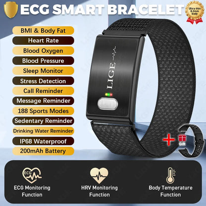 LIGE 2026 ECG+PPG Nursing Grade Smart Bracelet HRV Body Fat BMI Blood Pressure Body Temperature Men Women Health Sports Watches