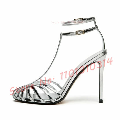 T-strap Cage High Heels Sandals Women Design Feminine Elegant Ankle Strap Shoes 2023 Ladies Luxury Narrow Band Sexy Work Sandals