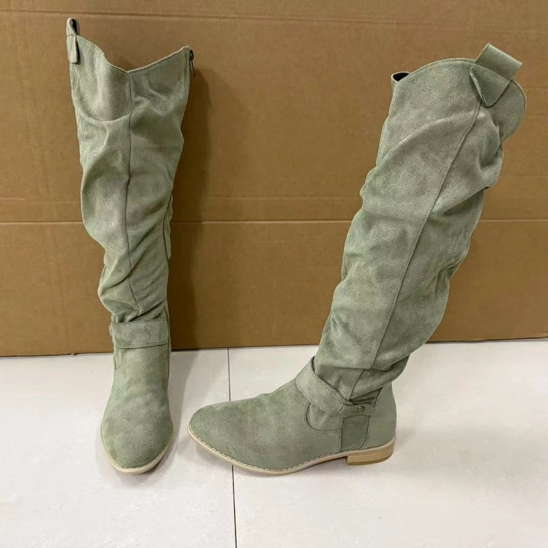 Women's Boots Suede Mid-Calf Boots Low Heel Side Zip Women Casual Shoes Autumn Winter Knee High Boot Retro Plus Size Long Boots
