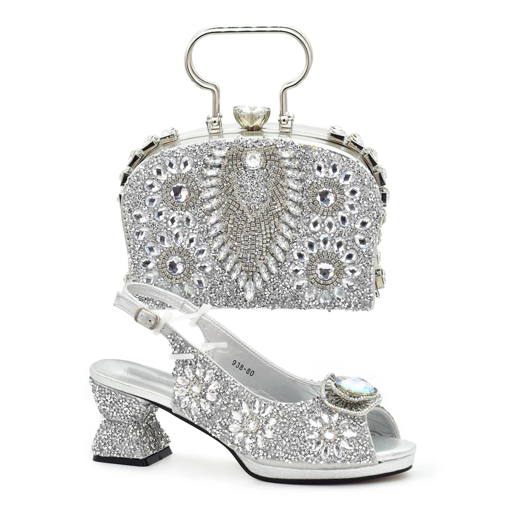 Italian Shoes and Bags Matching Set with Rhinestone Nigerian Women Shoes and Bag Set with Appliques Full Crystal for Dress