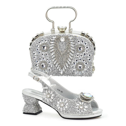 Italian Shoes and Bags Matching Set with Rhinestone Nigerian Women Shoes and Bag Set with Appliques Full Crystal for Dress