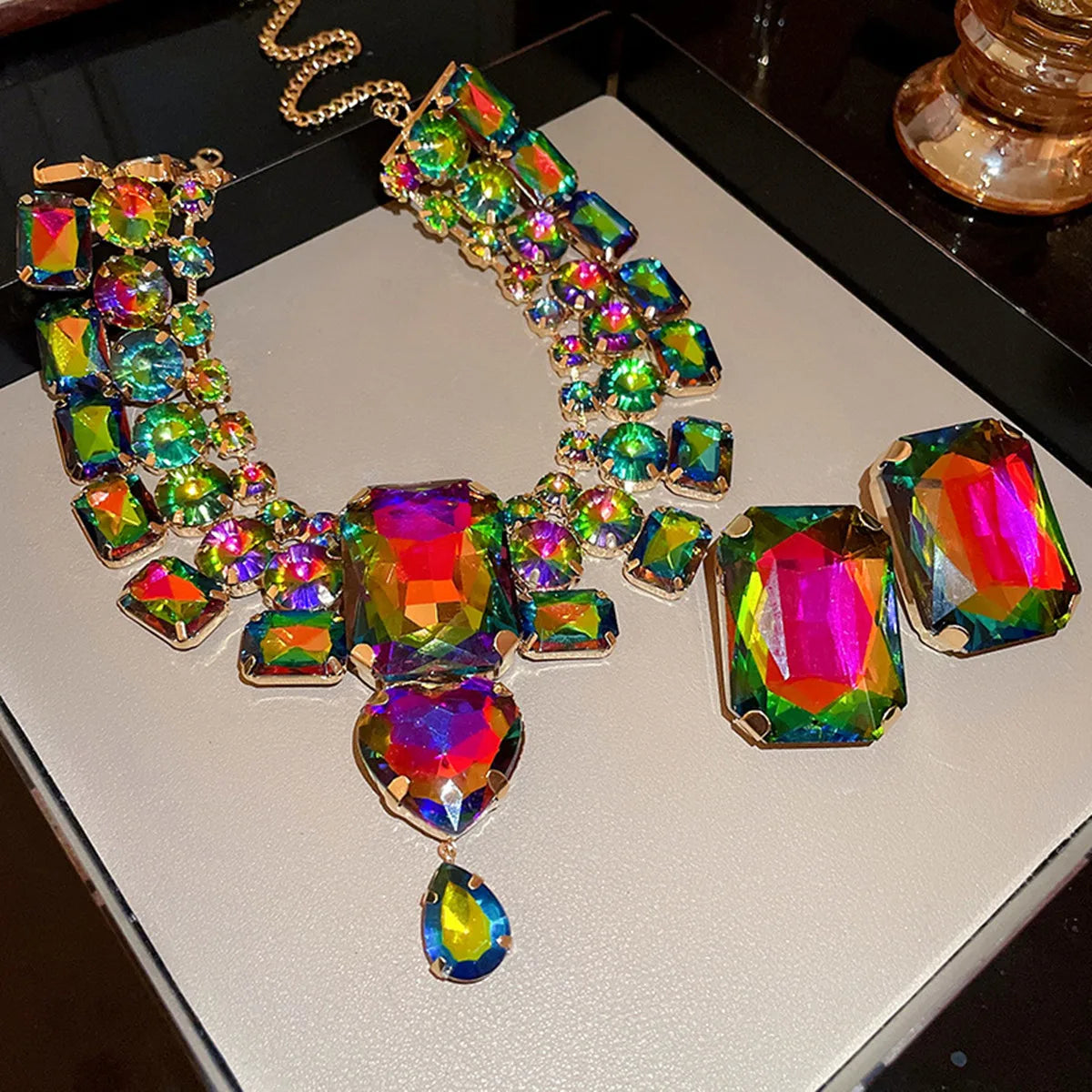 FYUAN Fashion Colorful Square Crystal Necklace Earrings For Women Party Wedding Jewelry Sets Accessories